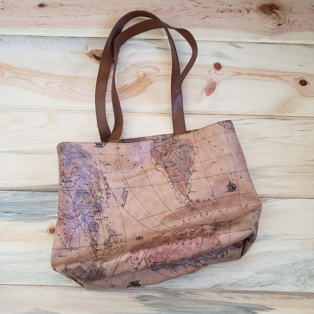World Map Faux Leather Travel Tote